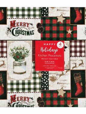 Christmas Patchwork Placemats Set of 4 Vinyl Foam Back Holiday 13x18" Plaid